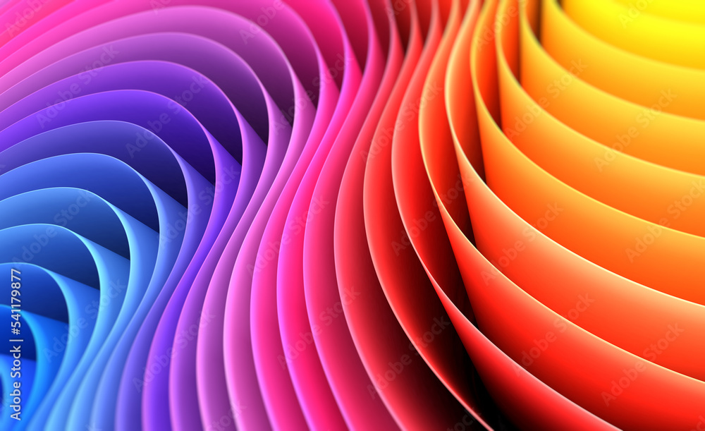 Poster 3d render abstract background of smooth lines of spline waves from blue to yellow with deep of field