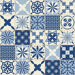 Blue monochrome ceramic tiles, square tiles with colorful floral pattern for interior decoration
