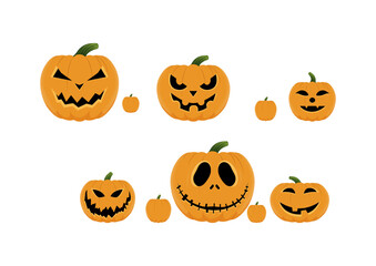 Six different halloween pumpkins isolated on white background