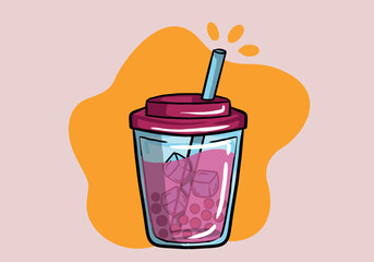 Cartoon bubble milk tea with tapioca pearls illustration. Cute hand drawn boba tea drink, bright and pretty vector clip art.