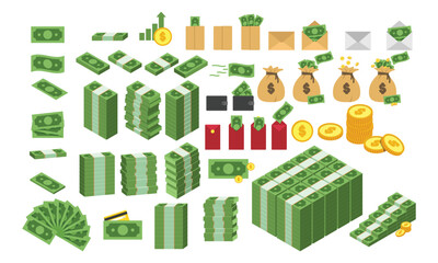 Fototapeta na wymiar Full set various kinds of money clipart vector design illustration. Simple packing, piles, fan shape green money banknote dollar bill, and yellow golden coins flat icon cartoon style. Finance concept