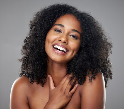 Skincare, makeup and beauty portrait of black woman with luxury facial cosmetics, self care and healthy glowing skin. Wellness, clean and aesthetic face of happy model girl with healthcare routine