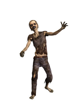 Zombie Man Staggering Forwards To Attack. 3d Illustration Isolated On Transparent Background.