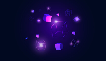 Abstract Square Box Concept Digital Technology Futuristic Modern Cryptocurrency Blockchain Connection Network On Purple Background