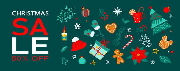 Christmas sale season design template on green background. Vector illustration