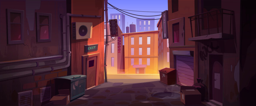 Back street alley between old city houses with brick walls, doors and windows. Urban landscape, empty dark alleyway with dirty buildings and trash bins, vector cartoon illustration