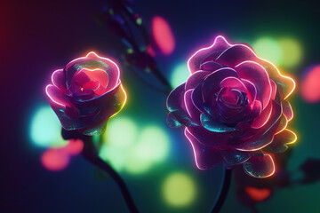 Fantasy magical dark background with magic rose flower reflection neon light on edge - obrazy, fototapety, plakaty