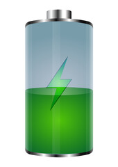 Vector Green battery, half charged. 3D realistic power battery illustration on white background