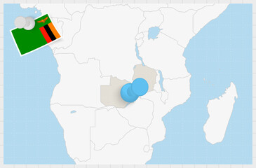 Map of Zambia with a pinned blue pin. Pinned flag of Zambia.