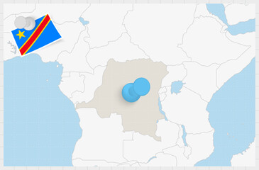 Map of DR Congo with a pinned blue pin. Pinned flag of DR Congo.