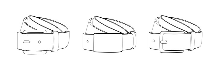 Men's belts with different types of buckles.  Sketchs isoleted on white background.