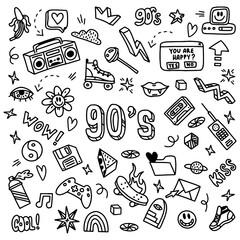 A large set of doodle drawings by hand. Sketches in the style of the 90s. 1990, cassette, videos, tape recorder, floppy disk