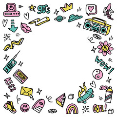 A large set of doodle drawings by hand. Frame with sketches in the style of the 90s. Template layout for 2k, retro wave