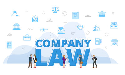 company law concept with big words and people surrounded by related icon spreading with modern blue color style