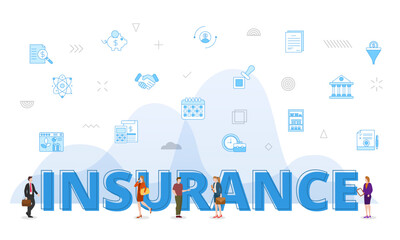 insurance concept with big words and people surrounded by related icon spreading with modern blue color style