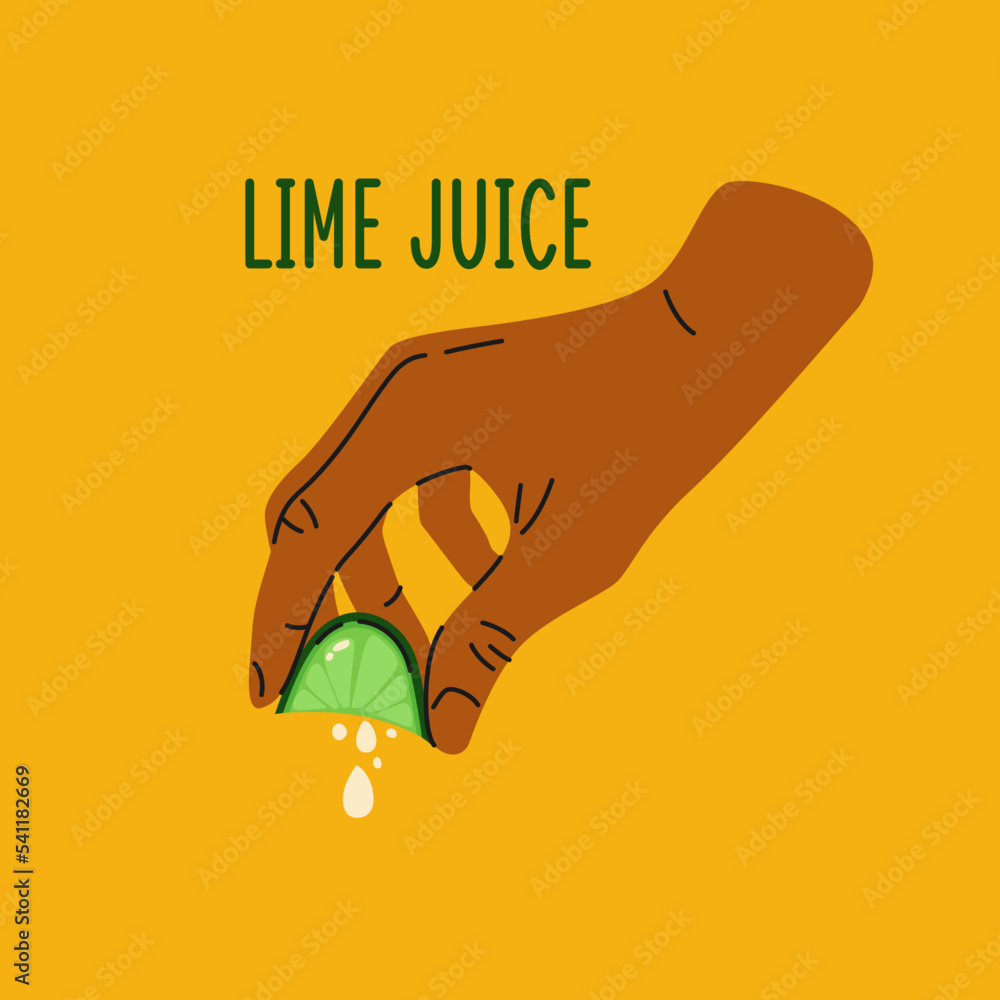 Poster a mans hand on a yellow background holds a slice of lime and squeezes juice out of it.