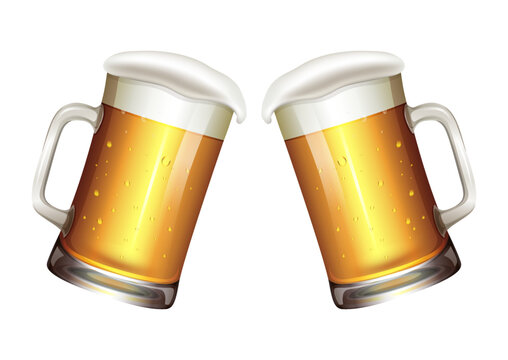 Two mugs of beer isolated on white background. Realistic beer mug