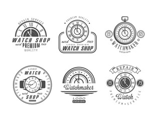Vintage Watch Shop and Store Logo Design with Clock Dial and Hands in Monochrome Style Vector Set