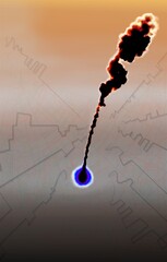 Drawing of a rocket flying at the city and smoke from it. The city is abstract