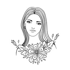 Female portrait with flowers. Hand drawn illustration for coloring. Black contour isolated.