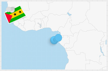 Map of Sao Tome and Principe with a pinned blue pin. Pinned flag of Sao Tome and Principe.