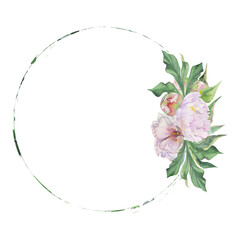 Watercolor circle frame arrangement with hand drawn delicate pink peony flowers, buds and leaves. Isolated on white background. For invitations, wedding, love or greeting cards, paper, print, textile