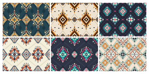 Six tribal navajo seamless patterns. Color mexican, aztec and maya ornament, ethnic stylish fabric geometric print wallpaper texture vector set. Unique folk, national culture collection - obrazy, fototapety, plakaty