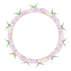 Watercolor circle frame arrangement with hand drawn delicate pink peony flowers, buds and leaves. Isolated on white background. For invitations, wedding, love or greeting cards, paper, print, textile