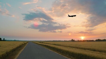 Silhouette of an airplane take off at sunset