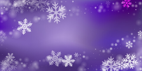 Fototapeta na wymiar Fantasy heavy snow flakes composition. Winter speck freeze granules. Snowfall sky white purple design. Scattered snowflakes christmas vector. Snow cold season landscape.