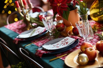 Decoration of a New Year's or Christmas table. Festive tableware and food style.