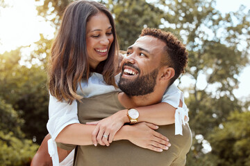 Couple, piggy back and outdoor love hug of black people with happiness and care outdoor. Happy,...