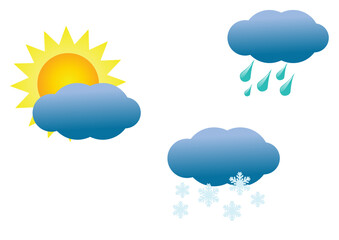 Fototapeta premium Weather icons set on transparent background. Vector illustration of blue clouds, sun, winter and thunderstorm