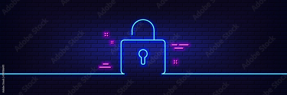 Poster neon light glow effect. lock line icon. private locker sign. password encryption symbol. 3d line neo