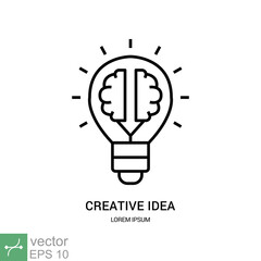 Creative idea icon. Simple outline style. Brain in lightbulb, flat sign, mind, innovation, solution, education concept. Thin line vector illustration isolated on white background. EPS 10.