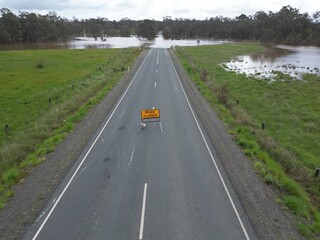 Fototapeta premium Flooding Axedale village, Campaspe River burst its banks near Bendigo after heavy spring rain 2022