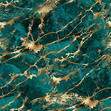 Seamless Pattern With Teal And Gold Marble Texture