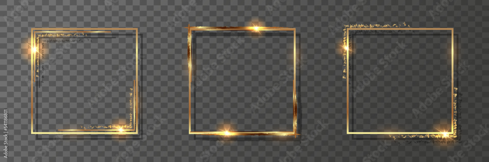 Poster three square golden decorative frames. set of shiny gold borders on a transparent background. vector