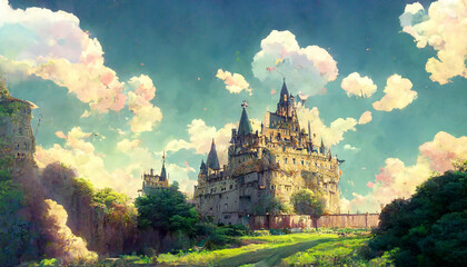 Magical Fantasy Castle with the bright sky in daylight. RPG Environments 