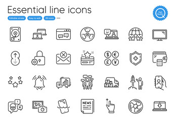 Smartphone waterproof, Loyalty card and Air fan line icons. Collection of Notification bell, Outsource work, Reject mail icons. Swipe up, Chemical hazard, Browser window web elements. Vector