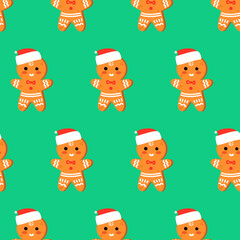 Fototapeta premium Pattern of a gingerbread man with icing in a santa hat