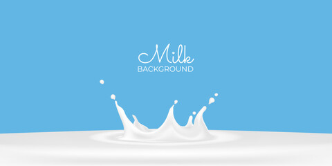 3D vector realistic illustration, milk splash and pour, natural dairy products, yogurt or cream splatter drops, on blue background. Print, template, design advertising element. Milk package frame.