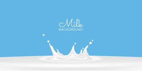 Fototapeta na wymiar 3D vector realistic illustration, milk splash and pour, natural dairy products, yogurt or cream splatter drops, on blue background. Print, template, design advertising element. Milk package frame.