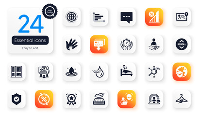 Set of Business flat icons. World insurance, Slow fashion and Security shield elements for web application. Hydroelectricity, Card, Loyalty award icons. Chemical formula. Vector