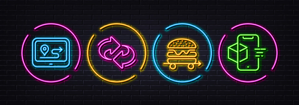 Refresh, Gps and Food delivery minimal line icons. Neon laser 3d lights. Augmented reality icons. For web, application, printing. Rotation, Journey route, Burger. Phone simulation. Vector