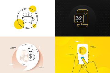 Minimal set of Hold smartphone, Flight mode and Coffee cup line icons. Phone screen, Quote banners. Coins bag icons. For web development. Phone call, Airplane mode, Hot drink. Investment. Vector