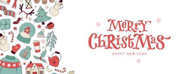 Fototapeta na wymiar Christmas lettering quote decorated with border of doodles for horizontal social media banners, covers, cards, posters, prints, invitations, templates, flyers, etc. EPS 10