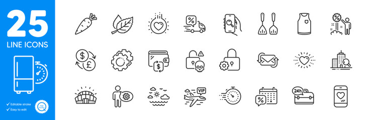 Outline icons set. Sports stadium, Love chat and Timer icons. Discount, 24h service, Currency exchange web elements. Search app, Heart, Wallet signs. Love, Inspect, T-shirt. Travel sea. Vector