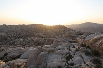 landscape view of valley with rock formations in dana natural reserve - obrazy, fototapety, plakaty