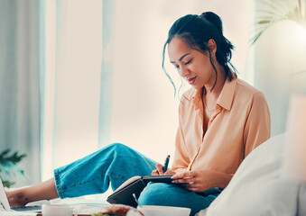 Black woman, notebook and writing for planning, notes and happy student in bed, comfortable and...